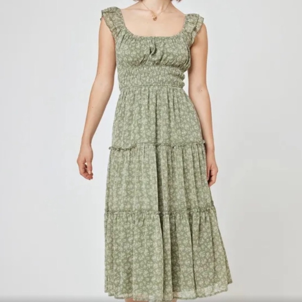 TRIXXI Size Small Green Sage Y2K Floral Flutter Sleeve Chiffon Midi Dress